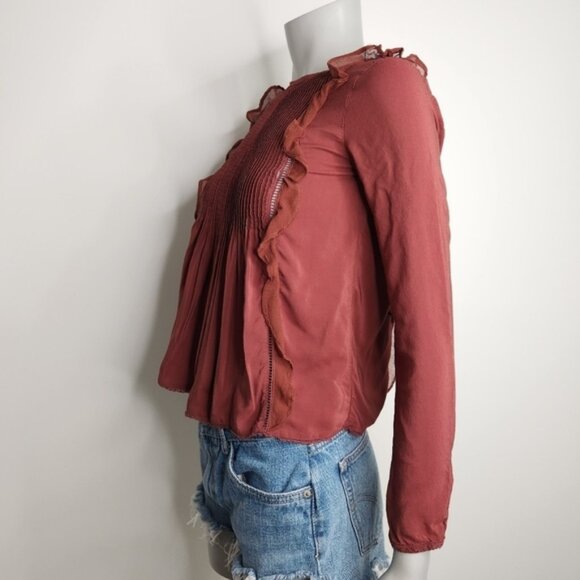 Aritzia X Wilfred Brown Satin Long Sleeve Ruffle Bodice Peplum Top Size XXS - Picture 9 of 13